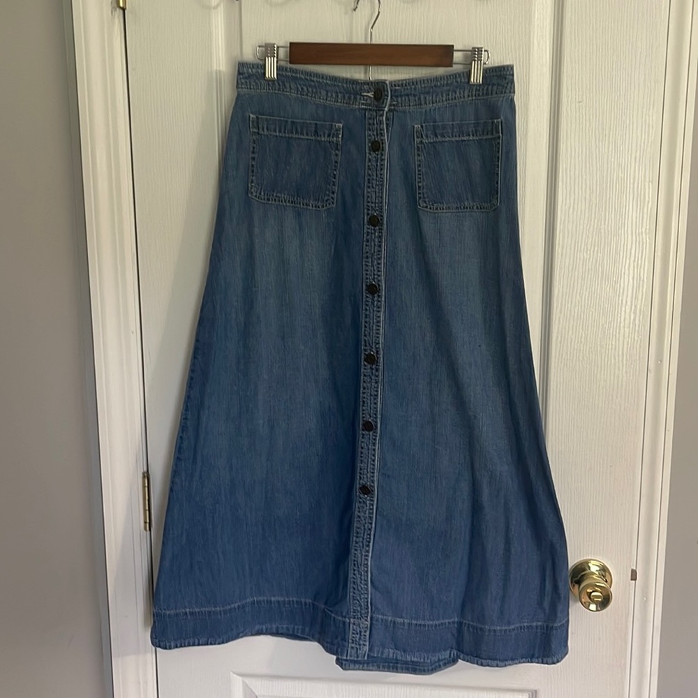 Chaps long modest button down denim/jean skirt